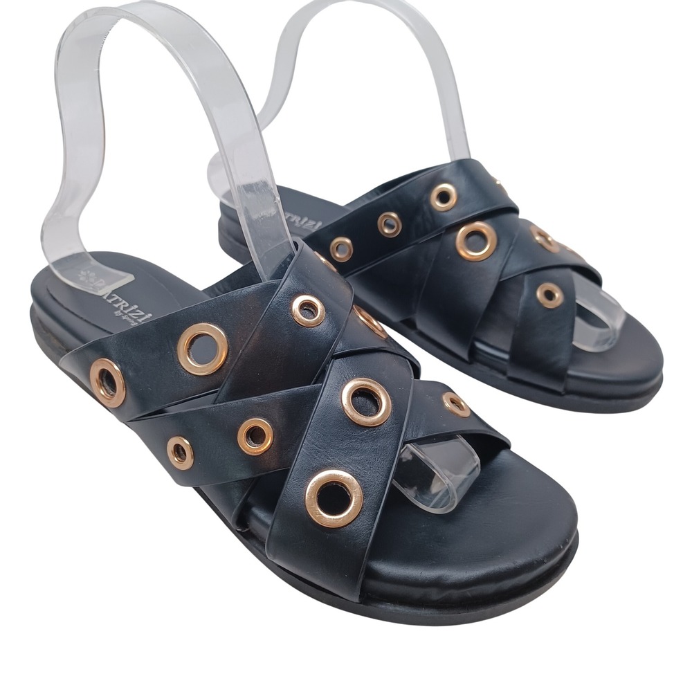 Patrizia by Spring Step Womens Black Grommet Crisscross Slide Sandals Low Wedge